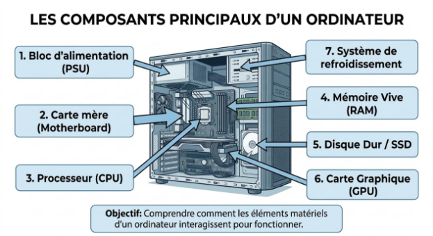 Schéma des composants principaux d'un ordinateur